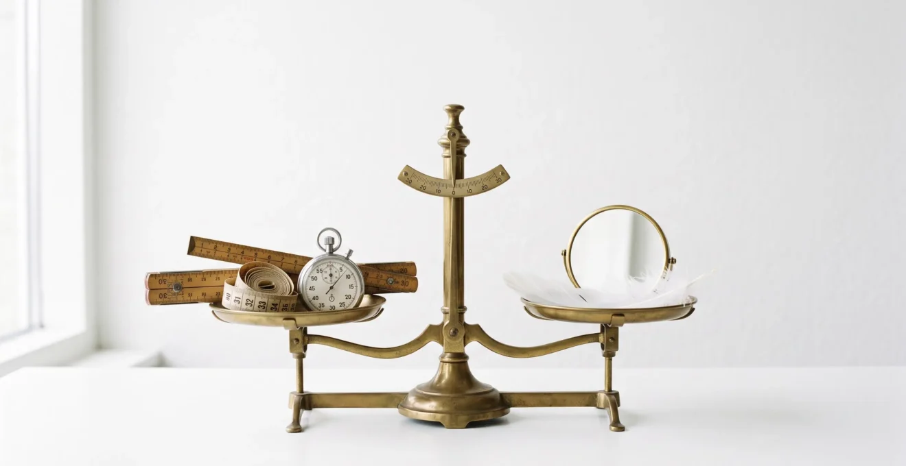 Balance de précision en laiton avec règle graduée et chronomètre d'un côté, plume blanche et miroir de l'autre, sur fond blanc immaculé, symbolisant l'évaluation multi-critères des agences de mannequins