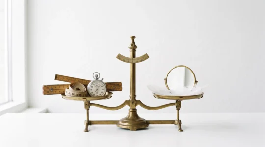 Balance de précision en laiton avec règle graduée et chronomètre d'un côté, plume blanche et miroir de l'autre, sur fond blanc immaculé, symbolisant l'évaluation multi-critères des agences de mannequins