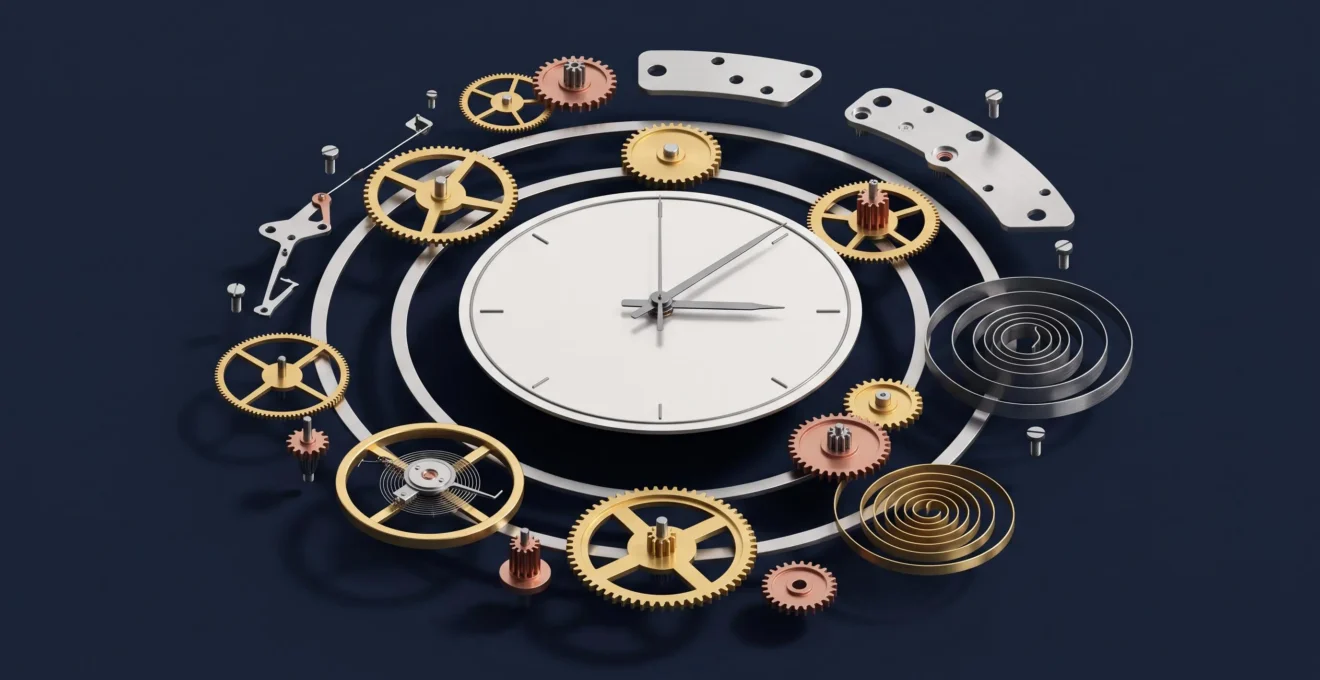 Illustration 3D isométrique d'une horloge mécanique ancienne avec mécanismes internes visibles en laiton doré sur fond bleu nuit, symbolisant la ponctualité et le professionnalisme comportemental